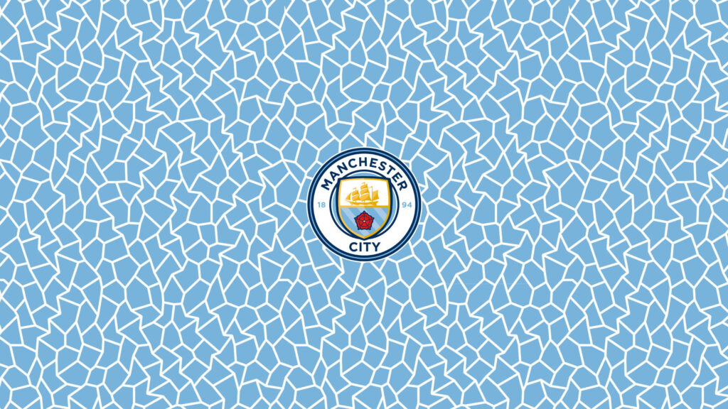 Manchester City logo wallpaper with modern geometric mosaic pattern on sky blue background