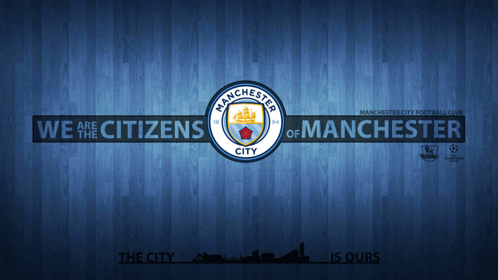 Manchester City logo on blue wood texture with We Are The Citizens Of Manchester text wallpaper