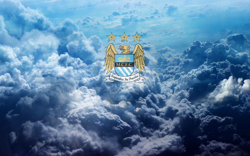 Manchester City logo against dramatic sunlit clouds inspiring wallpaper for fans background