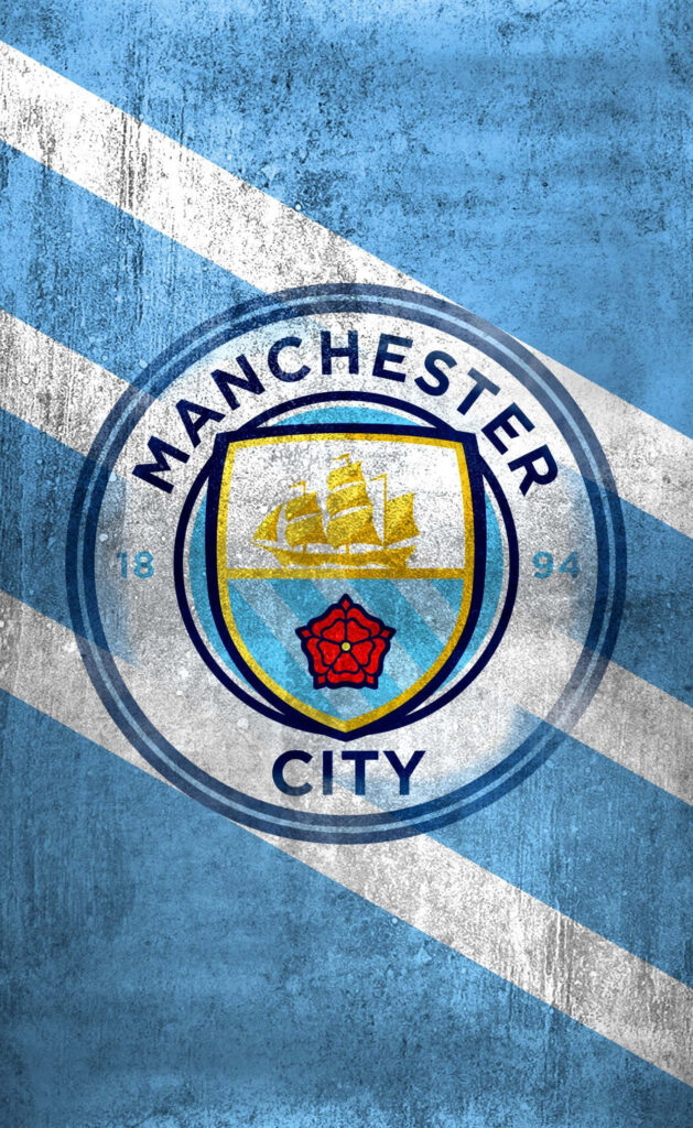 Manchester City iPhone wallpaper with club crest on textured blue background and bold white stripes
