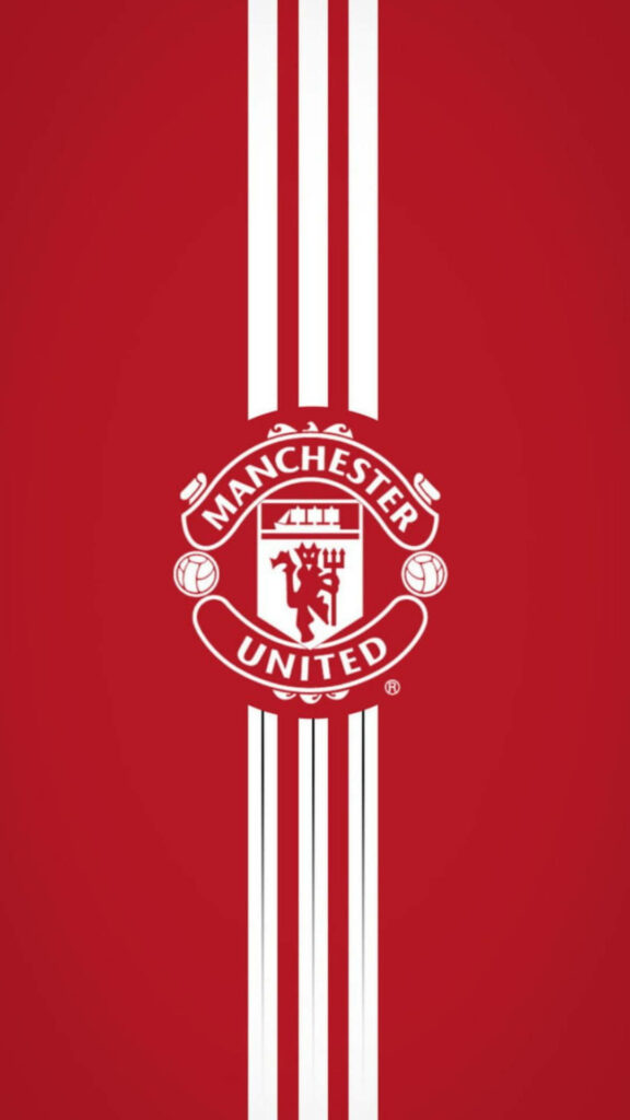 Manchester United crest on bold red background with vertical white stripes mobile wallpaper