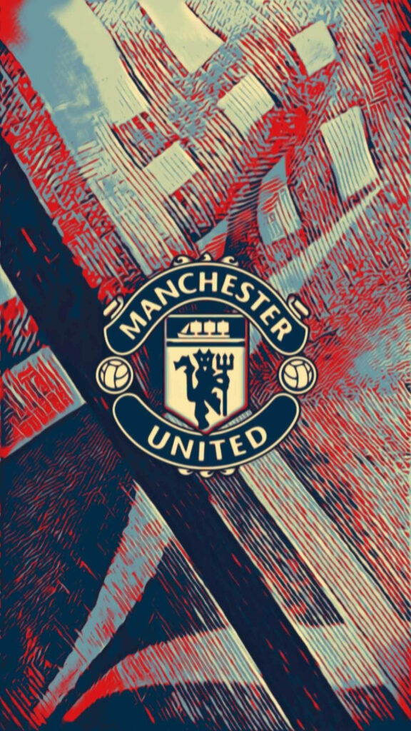 Geometric Manchester United wallpaper with bold crest and dynamic red and blue abstract design