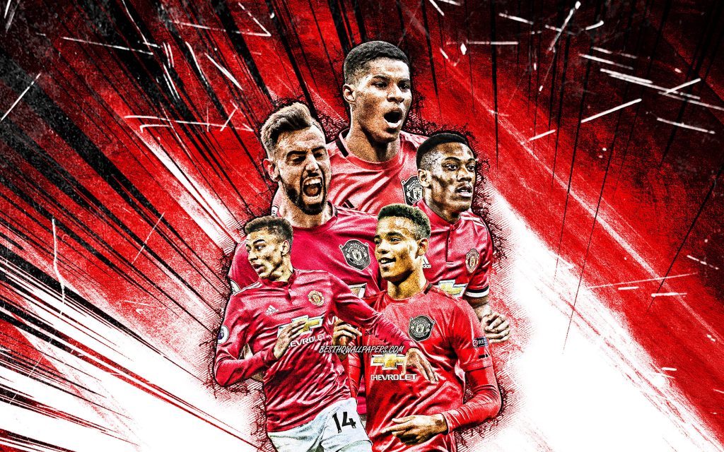 Manchester United grunge art wallpaper with Rashford Fernandes Martial Lingard Greenwood bold red black