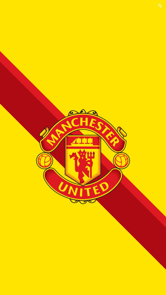 Manchester United logo on vibrant yellow background with bold red diagonal stripes mobile wallpaper