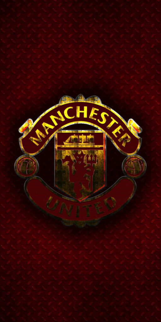 Manchester United logo on bold metal pattern background striking football club wallpaper