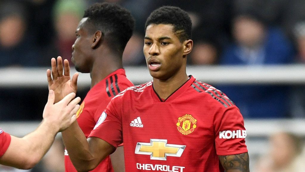 Marcus Rashford and Paul Pogba celebrating in Manchester United red kit football wallpaper background