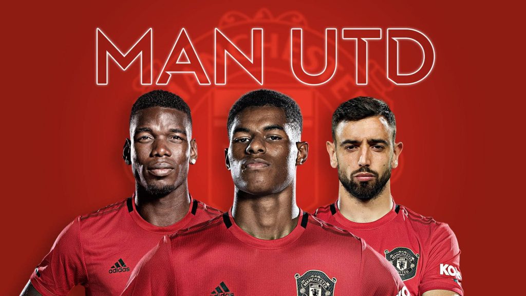 Manchester United wallpaper with Paul Pogba Marcus Rashford Bruno Fernandes red background crest