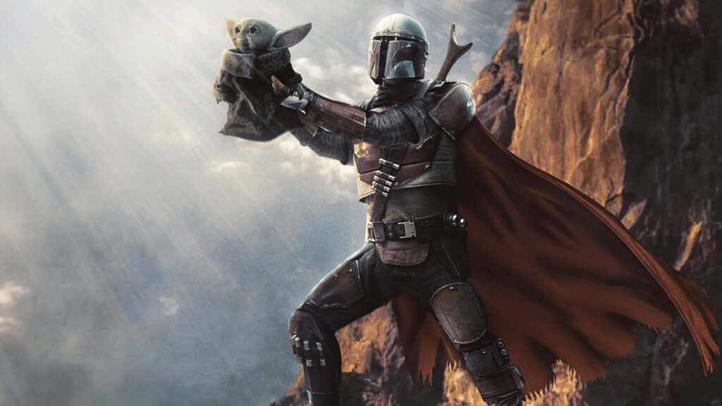 Epic Mandalorian & Yoda Wallpaper: Adventure on a Rocky Cliff