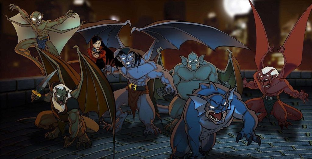 Digital art of Disney Gargoyles Manhattan Clan guarding rooftop with Goliath and Elisa Maza Wallpaper