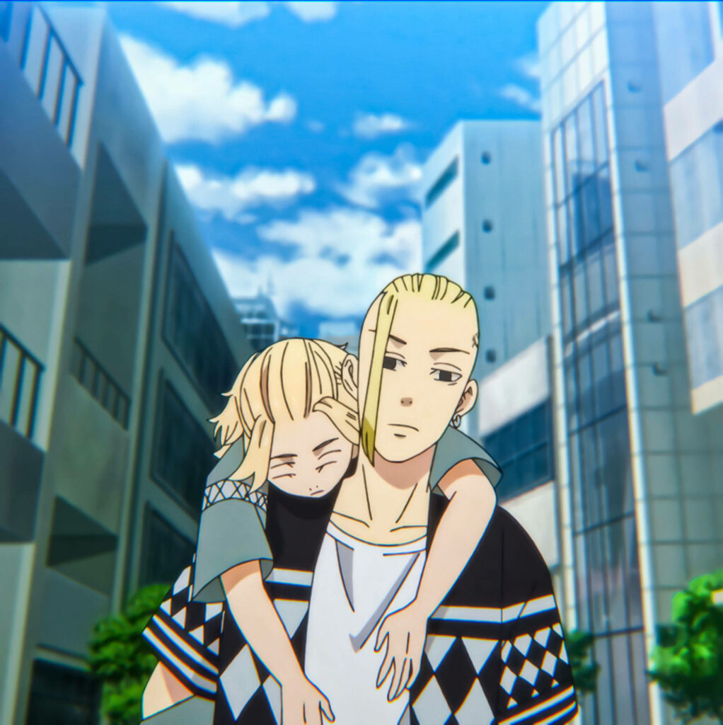 Manjiro riding Draken’s back in vibrant Tokyo Revengers anime cityscape wallpaper background