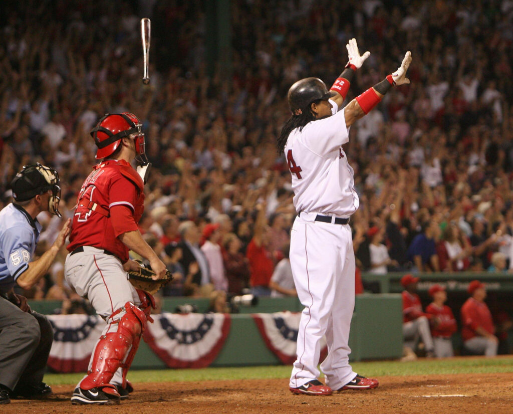 Manny Ramirez Boston Red Sox hits home run tosses bat crowd cheers wallpaper background
