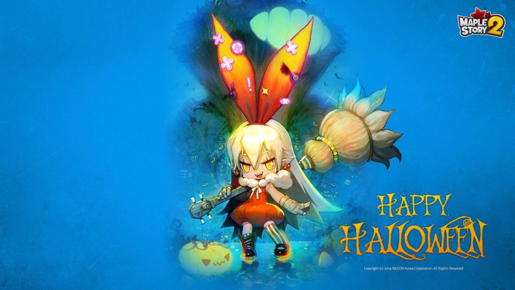 MapleStory 2 Halloween wallpaper with cute witch character glowing broom dark blue forest background