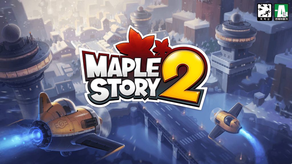 MapleStory 2 wallpaper vibrant snowy cityscape with two yellow planes and blue thrusters flying