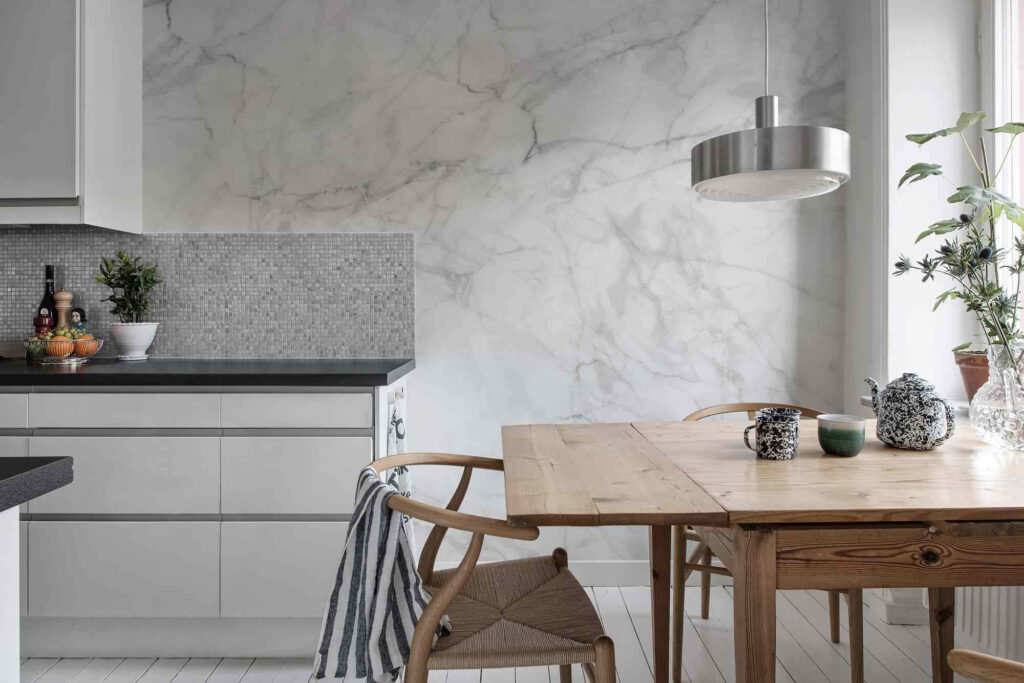 Marble and Wood: A Modern White Kitchen Masterpiece Wallpaper