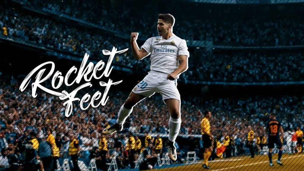Marco Asensio Real Madrid dynamic wallpaper leaping in white number 20 kit stadium background