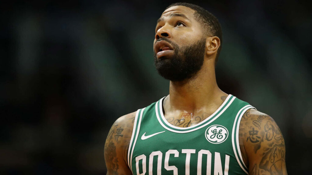 Boston Celtics Marcus Morris in green jersey looking up focused high-resolution sports wallpaper