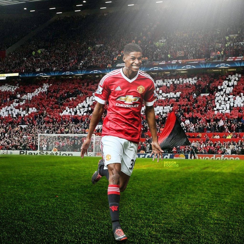 Marcus Rashford celebrating at Old Trafford stadium HD wallpaper Manchester United striker art