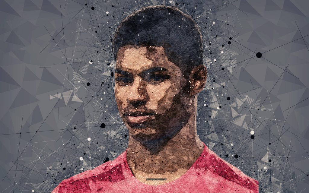 Digital portrait of Marcus Rashford in geometric line-art style with vibrant red jersey on grey background Wallpaper