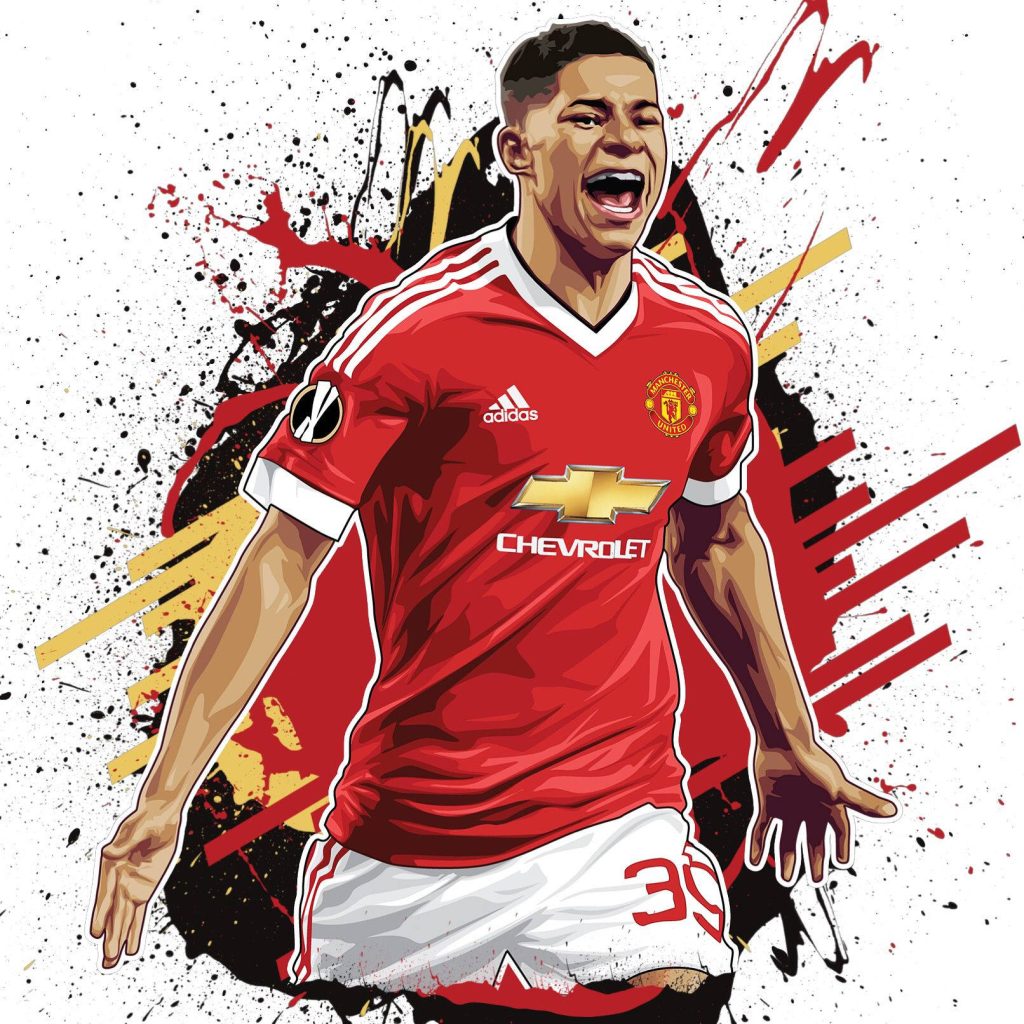 Marcus Rashford Manchester United digital art celebrating in red kit with bold black gold red streaks Wallpaper