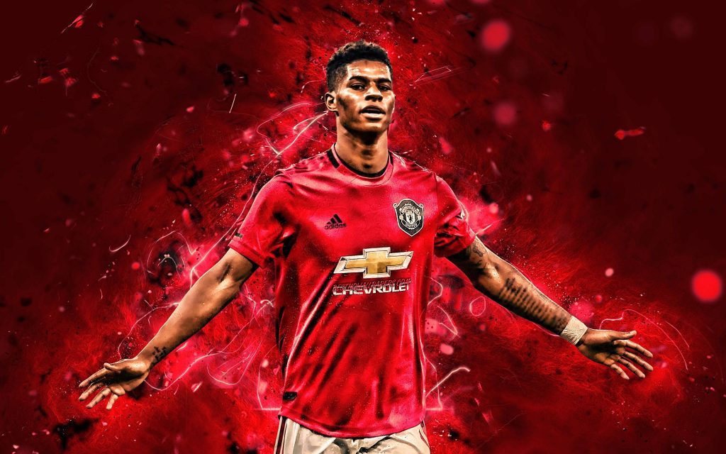 Marcus Rashford Manchester United fan art wallpaper vibrant red glowing abstract background