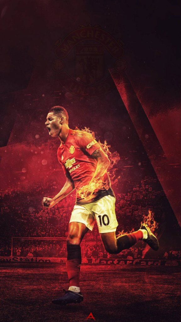 Marcus Rashford Manchester United number 10 digital fire wallpaper red stadium backdrop