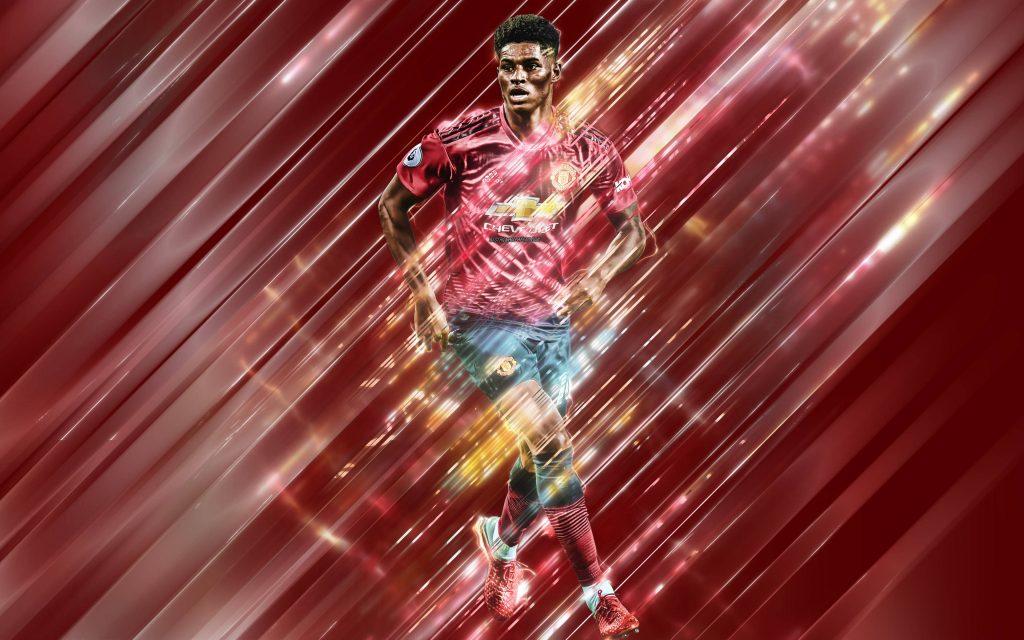 Marcus Rashford Manchester United dynamic wallpaper metallic light trail deep red background