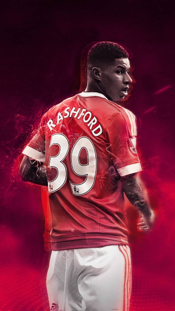 Marcus Rashford Manchester United number 39 kit red lighting smoky effects sports wallpaper
