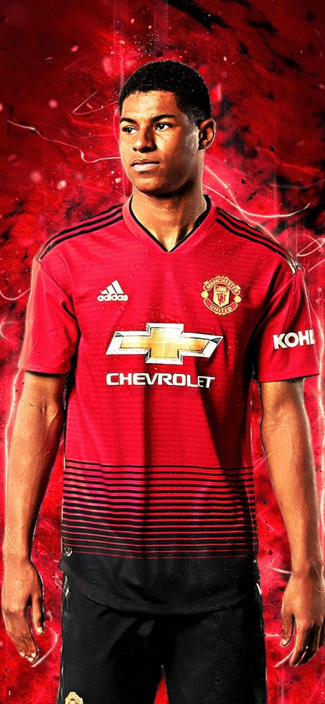 Marcus Rashford in Manchester United red jersey on dynamic swirling red abstract football wallpaper background