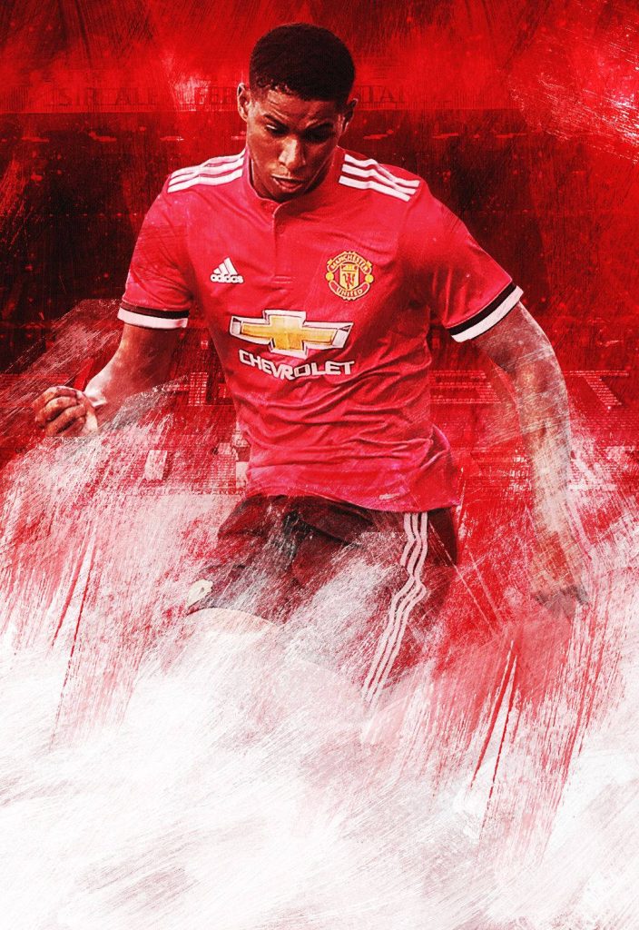 Marcus Rashford Manchester United wallpaper red jersey paint-splatter design football fan background