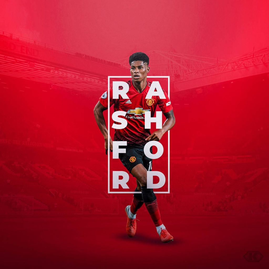 Digital art wallpaper of Manchester United forward Marcus Rashford in red kit with Old Trafford background and Rashford text
