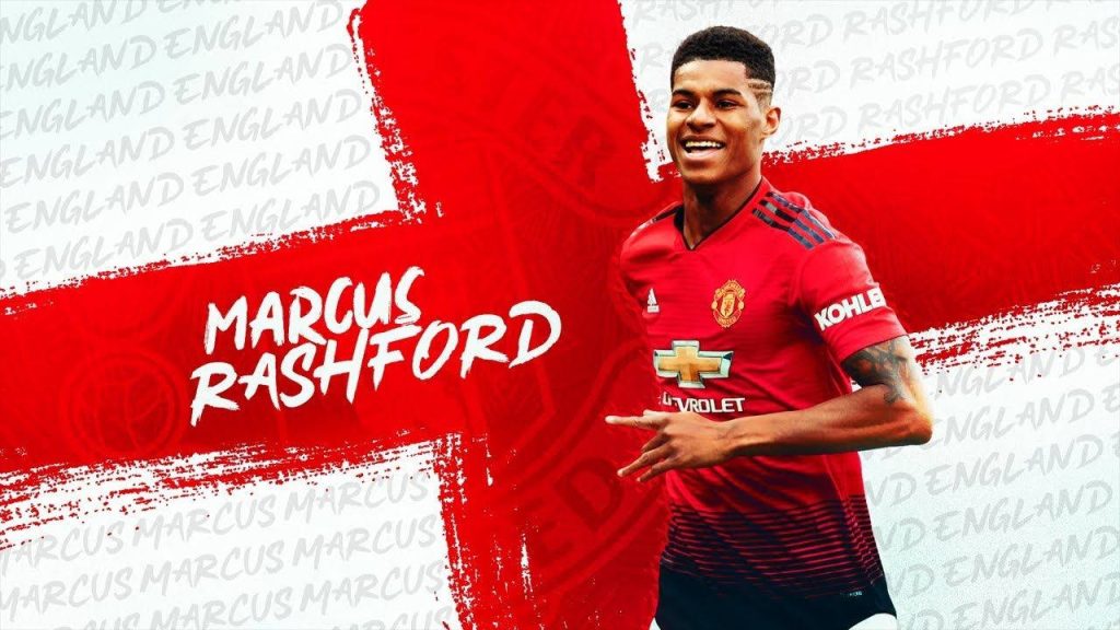 Marcus Rashford Manchester United wallpaper vibrant red kit graphic background football fan art