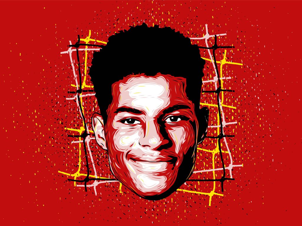 Stylized vector portrait of Marcus Rashford with bold red goal net background wallpaper