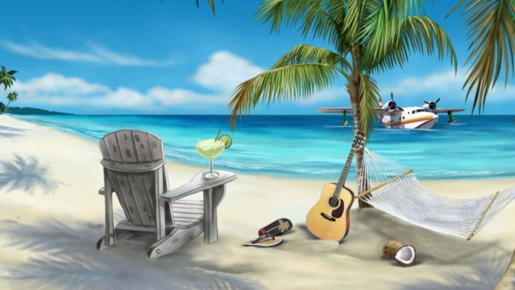 Tropical Bliss: A Margaritaville Paradise Beckons with a White Beach Chair, Palm Tree, Hammock, Yellow Guitar, and the Passing Skyline Wallpaper