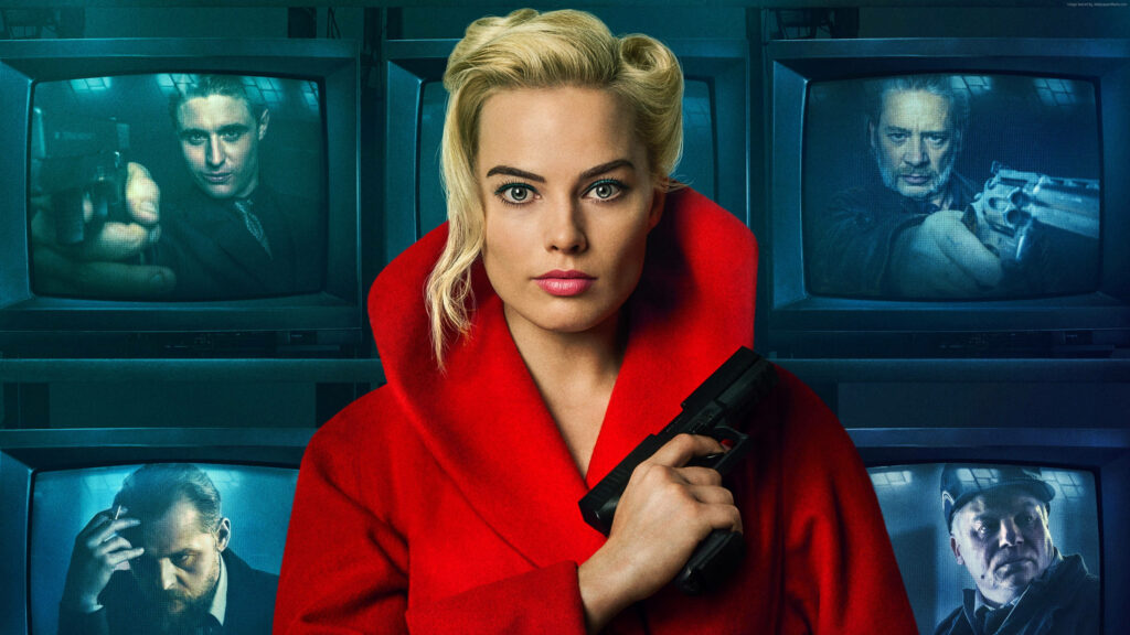 Margot Robbie in red dress holding gun with intense faces on TV screens dramatic suspense wallpaper