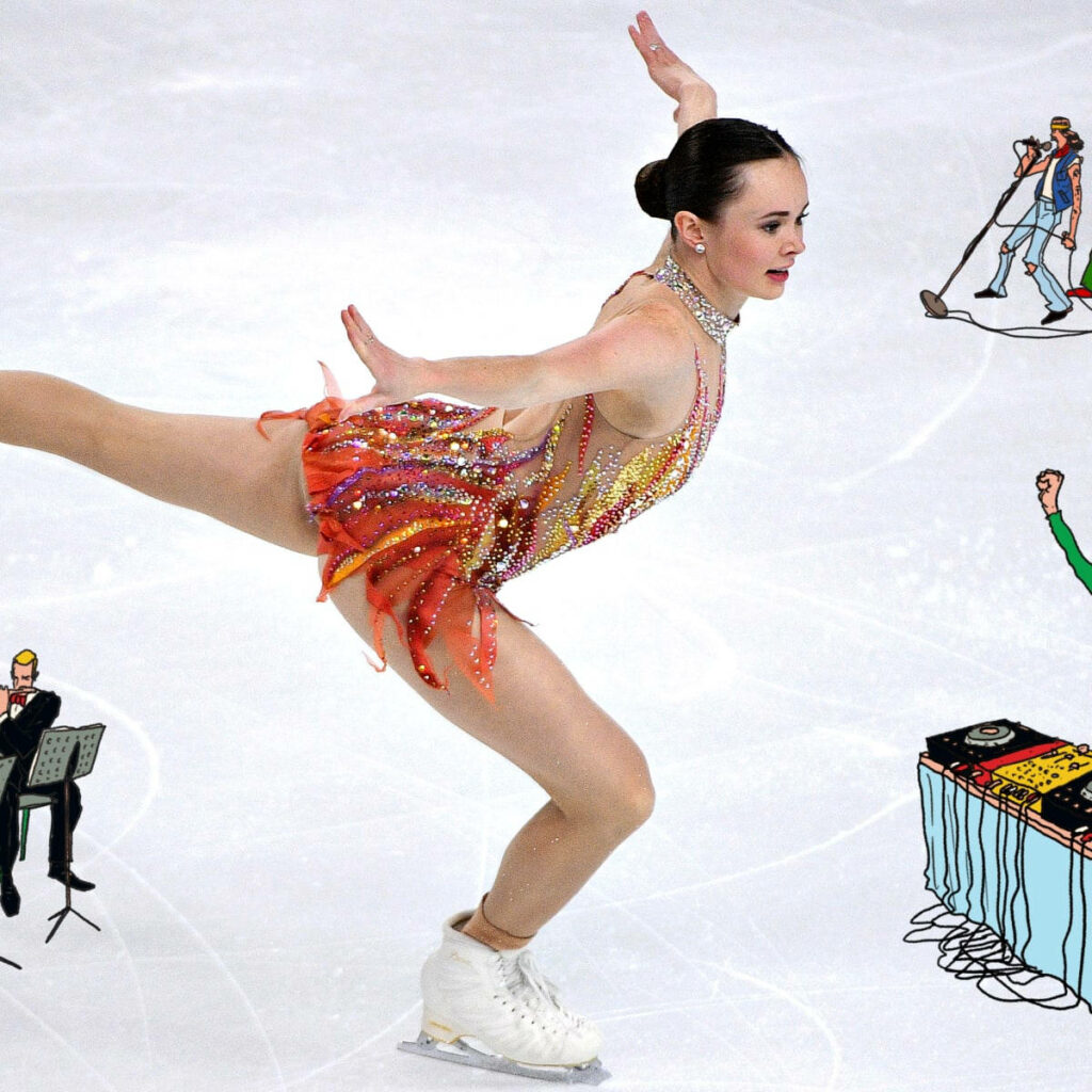 Mariah Bell figure skating gracefully in vibrant costume with illustrated musicians and DJ background Wallpaper