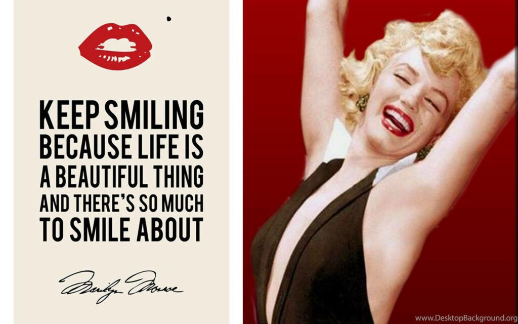 Marilyn Monroe smiling with inspiring Keep smiling quote wallpaper background positive spirit