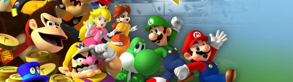 Joyful Game Characters: Mario, Luigi, and Friends Parade Together on Vibrant Green Canvas Wallpaper