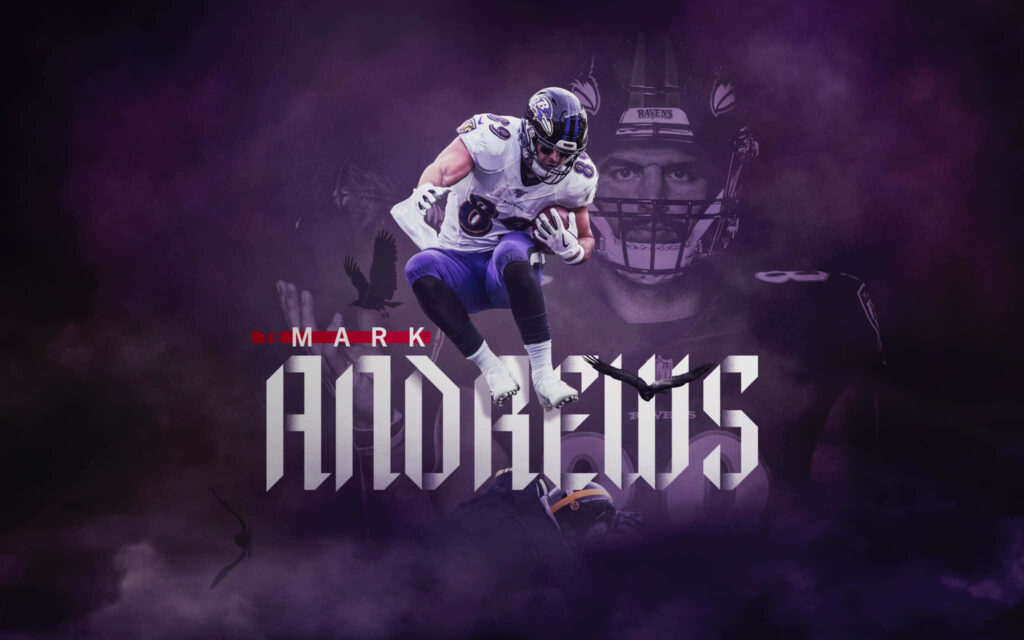 Dynamic NFL poster of Baltimore Ravens Mark Andrews in action with bold purple background Wallpaper