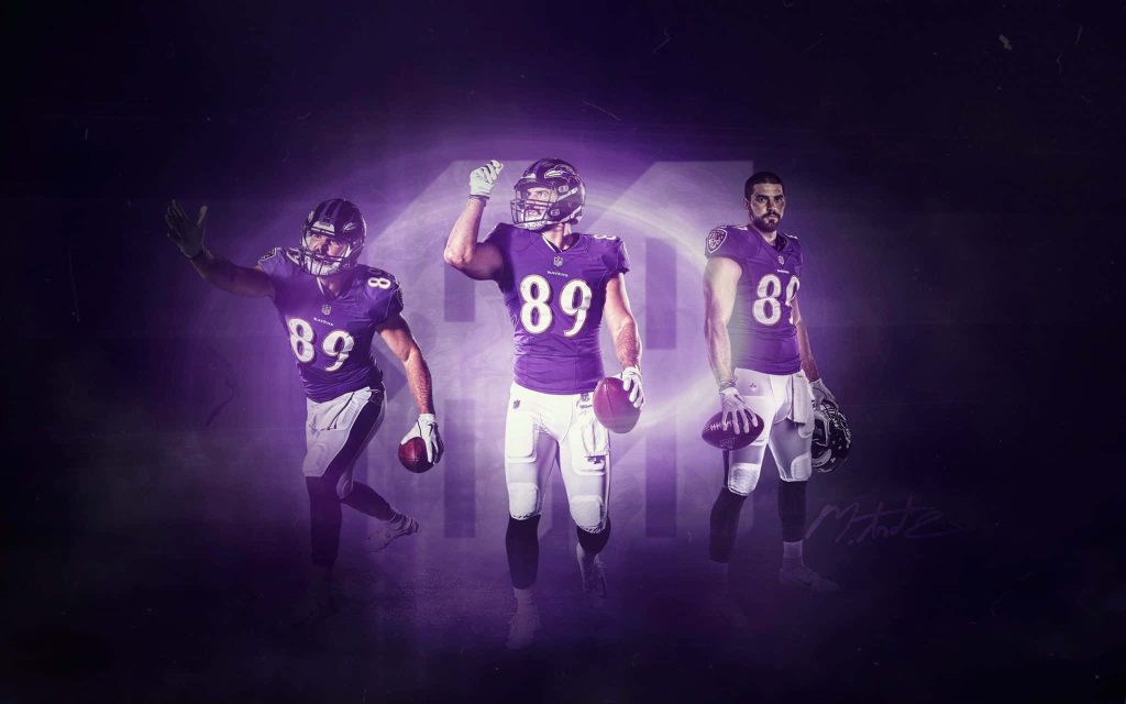 Baltimore Ravens tight end Mark Andrews number 89 vibrant purple football wallpaper background