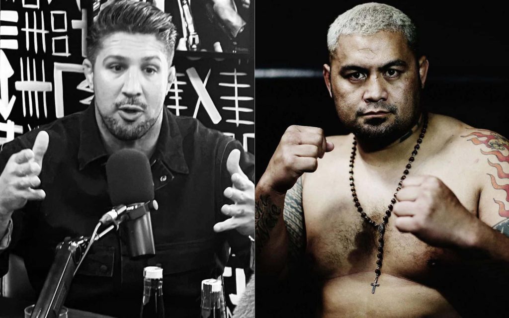 Split-screen wallpaper of MMA legend Mark Hunt fighting with Brendan Schaub podcast black and white image