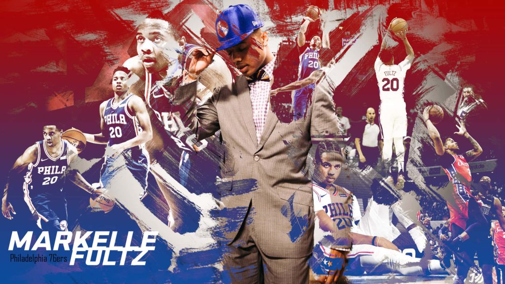 Markelle Fultz Philadelphia 76ers digital collage wallpaper with draft suit and game action