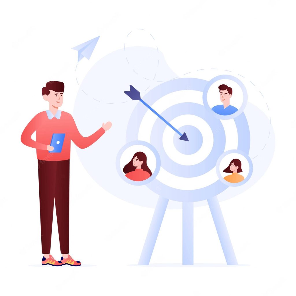 Man presenting marketing strategy with segmented audience target in blue flat vector style wallpaper