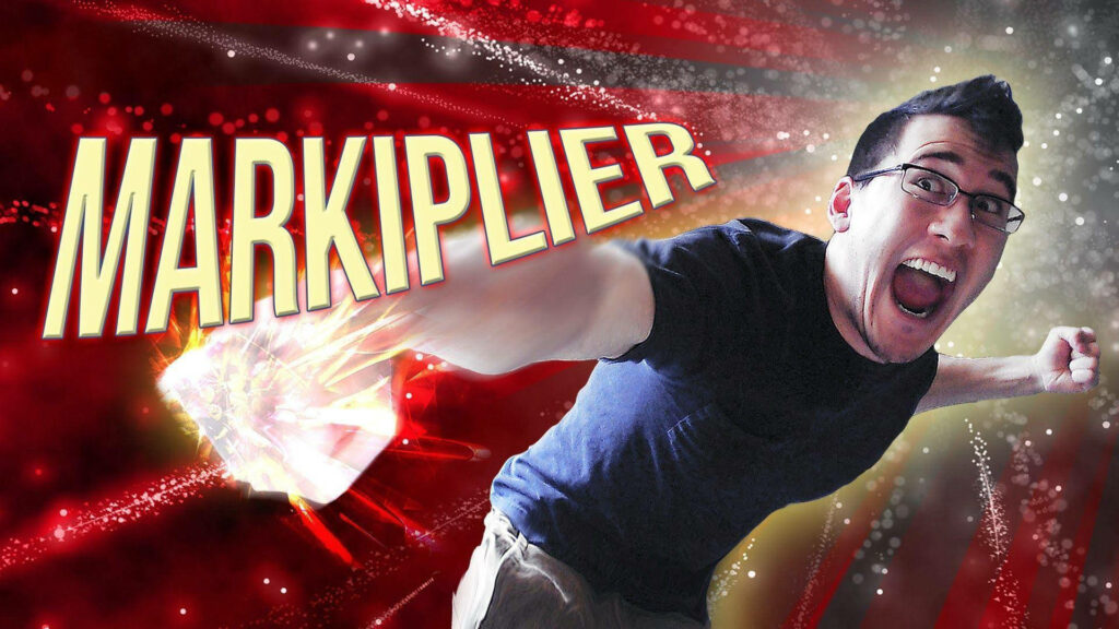 Markiplier YouTuber wallpaper with punch effect bold text vibrant red background creative energy