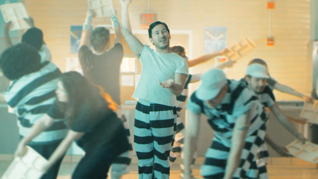Markiplier as Yancy dancing with prison uniform dancers energetic YouTuber filmmaker scene wallpaper