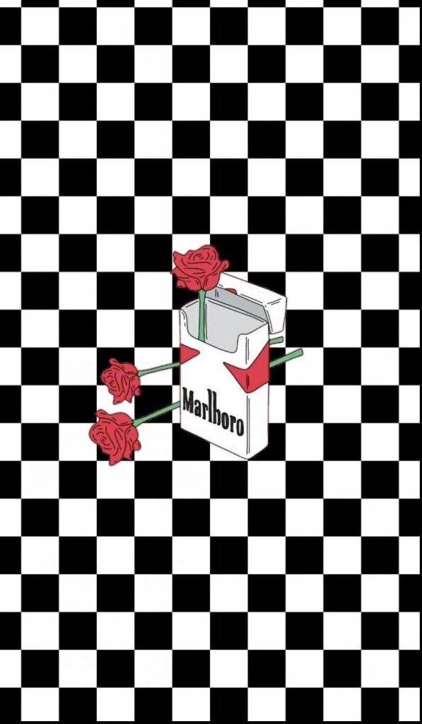 Digital Marlboro pack with three red roses on black and white checkerboard background wallpaper