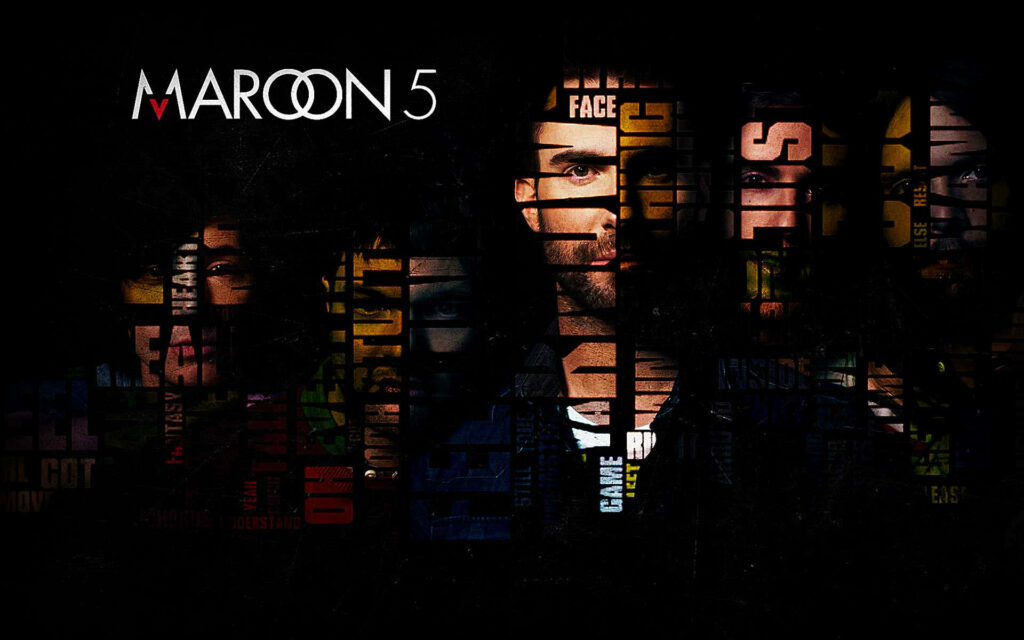 Maroon 5 band members artistic wallpaper with colorful word overlays on dark background