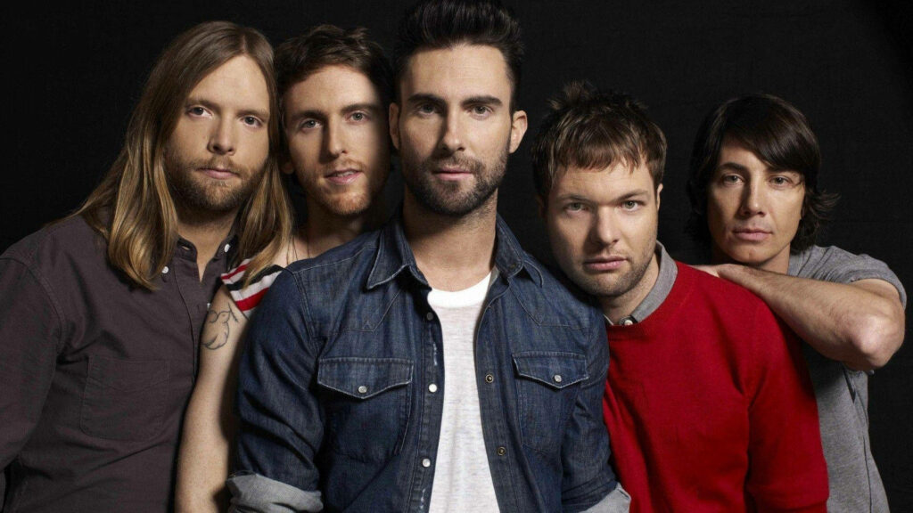 Maroon 5 band photo with all members standing together against solid black background wallpaper