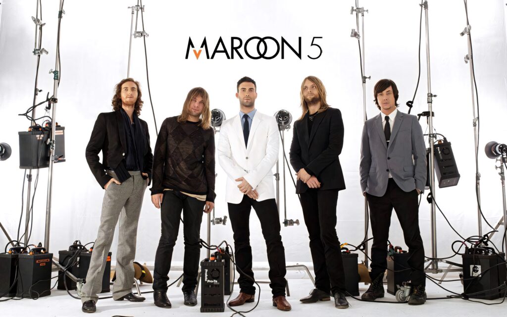 Maroon 5 on stage with instruments under bright cloudy sky vibrant energetic band wallpaper background