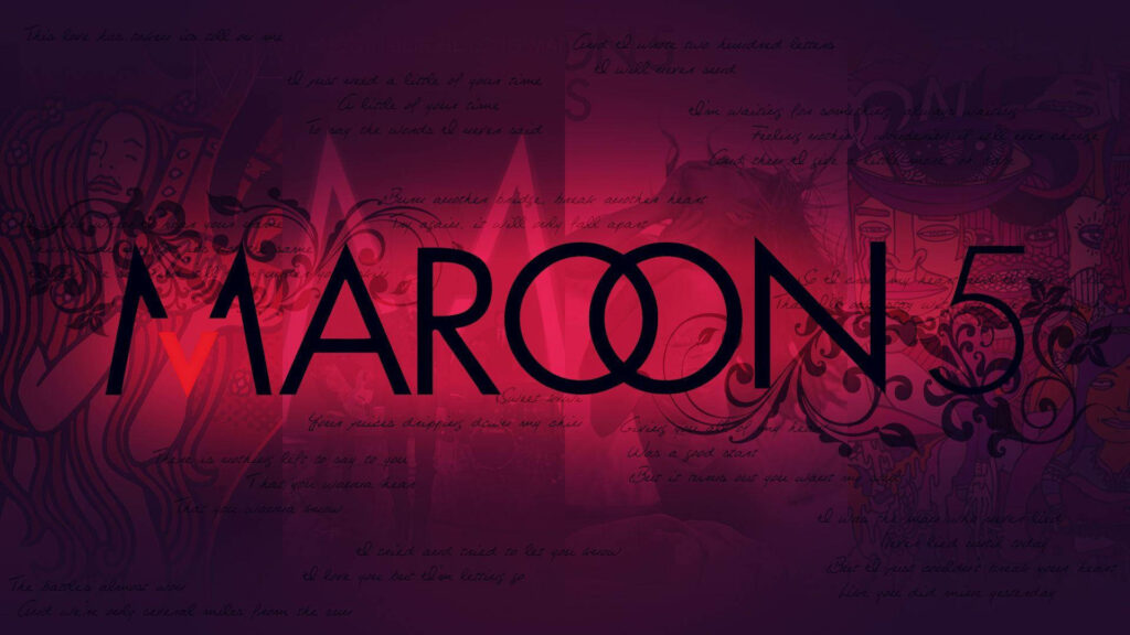 Maroon 5 logo on vibrant red background with artistic patterns and handwritten lyrics wallpaper
