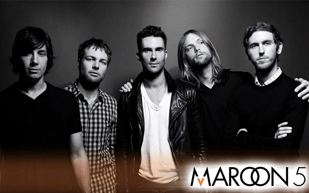 Monochrome Maroon 5 desktop wallpaper with band portrait and logo on dark background
